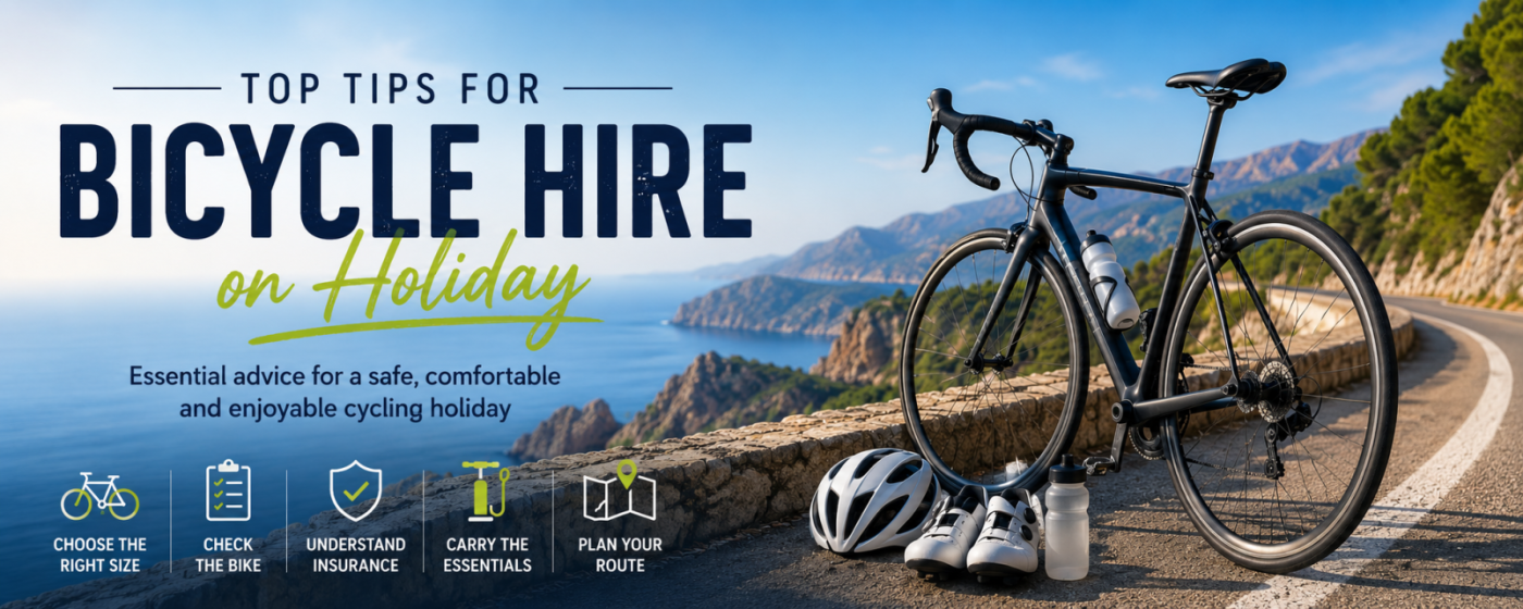bicycle-hire-holiday-tips-cycling-banner-road-bike-coastal Road bike on a coastal cycling route with tips for bicycle hire on holiday including bike fit, safety checks and route planning