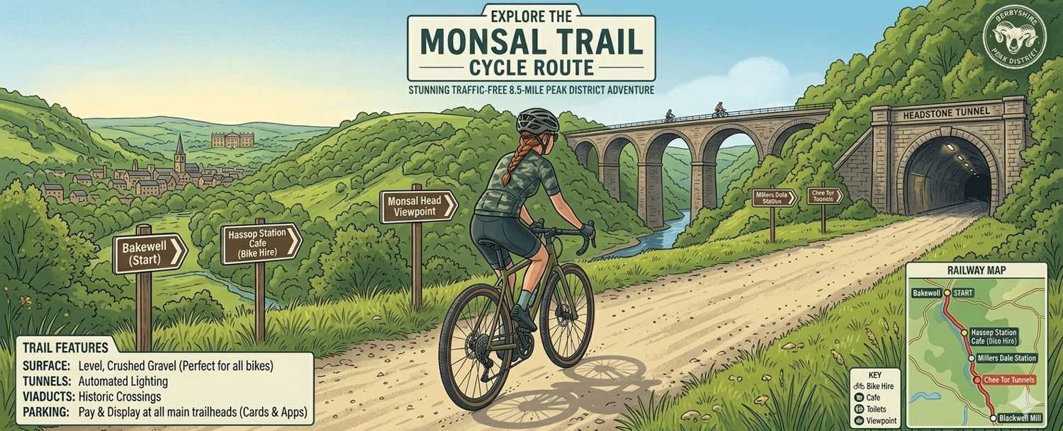 A comprehensive illustrated guide and map of the Monsal Trail cycle route in Derbyshire, showing a cyclist on the viaduct and in a former railway tunnel within the Peak District National Park