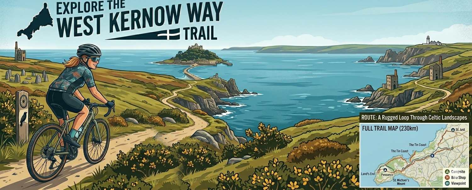 A comprehensive guide to the West Kernow Way cycle trail in Cornwall, featuring a cyclist on a coastal path overlooking St Michael's Mount with an illustrated bikepacking map.