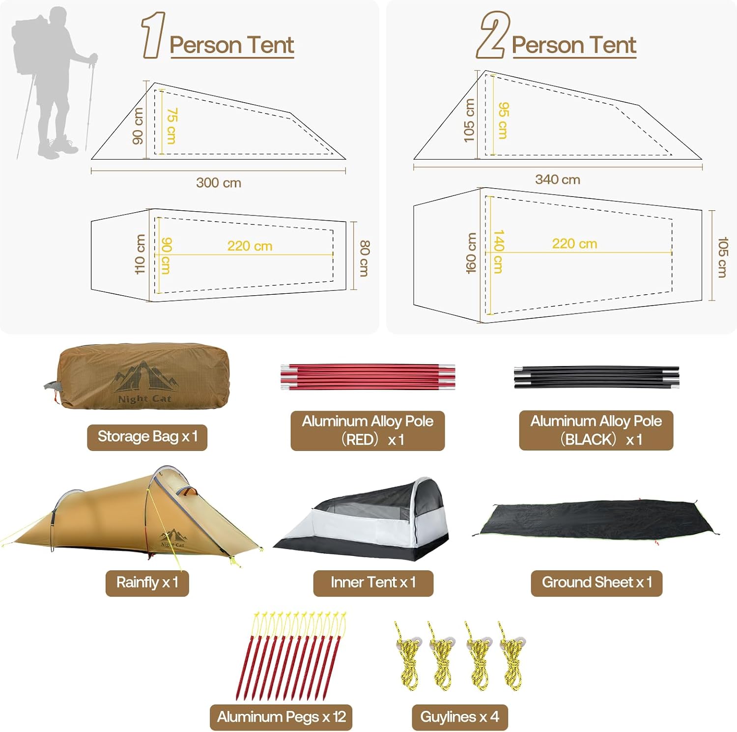 Night Cat 1 2 Person Tunnel Tent: Ultralight Backpacking Tent Silnylon 15D PU5000MM Waterproof for Camping Travel Wild - Image 6