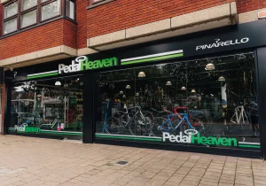 Pedal Heaven bike shop in Fleet, Hampshire, featuring premium Specialized, Pinarello, and Cube bicycles.