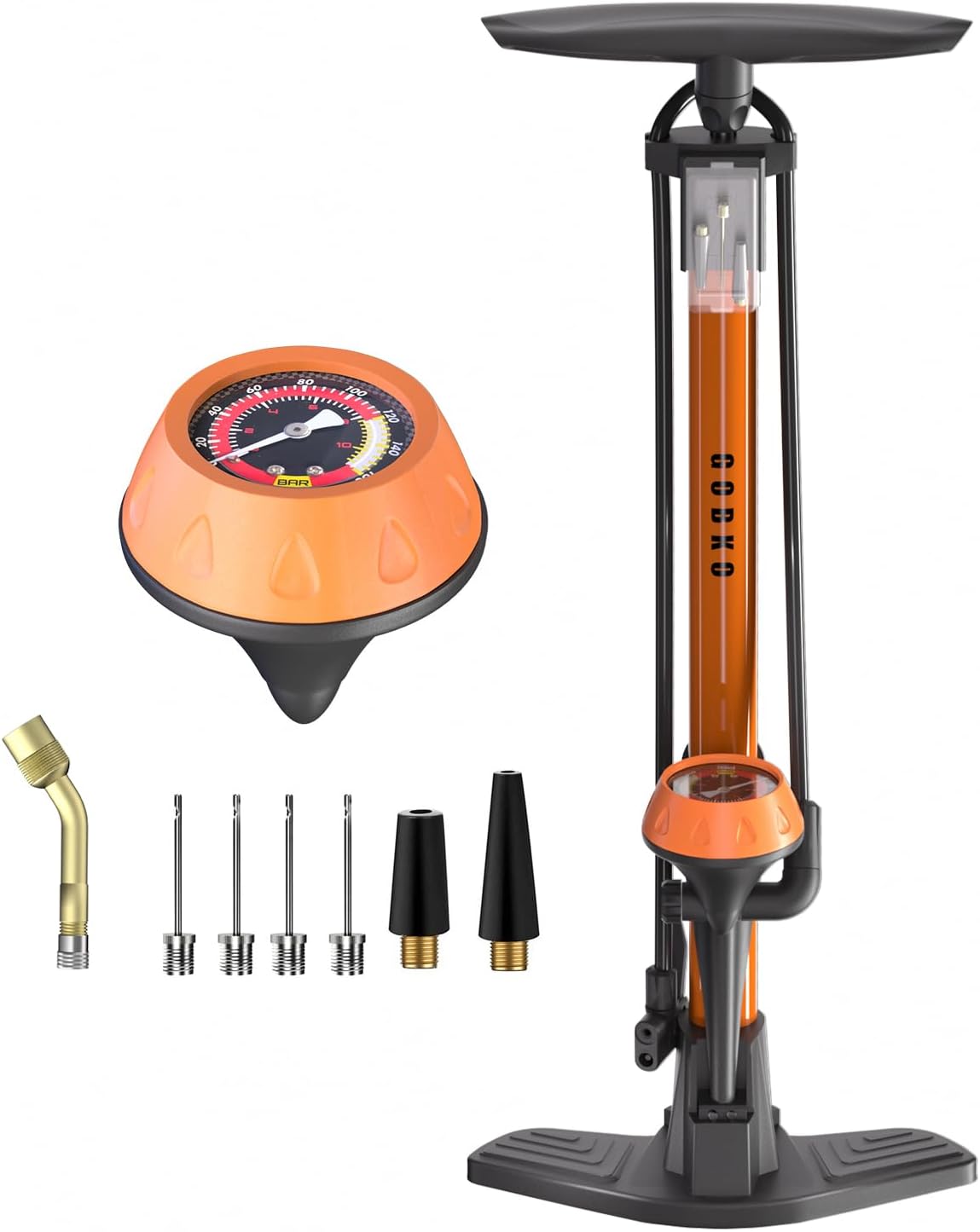 GOBKO Bike Pump Bicycle Floor Pump with Gauge, Bicycle Pumps with Presta and Schrader tire Pump multifunctional Air Pump for Road Bike MTB Sports Balls Pump High Pressure 160Psi &11Bar