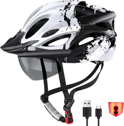 Bike Helmet for Men and Women, Lightweight Cycle Helmet with LED Light Magnetic Goggle Sun Visor, Mountain & Road Bicycle Helmets for Adult Cycling Adjustable Size 57-62cm