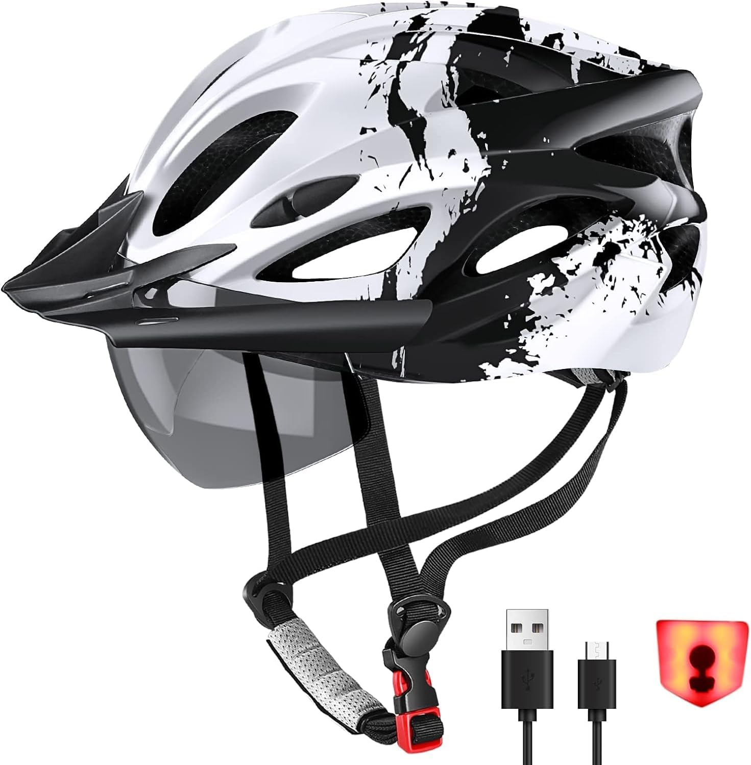 Bike Helmet for Men and Women, Lightweight Cycle Helmet with LED Light Magnetic Goggle Sun Visor, Mountain & Road Bicycle Helmets for Adult Cycling Adjustable Size 57-62cm