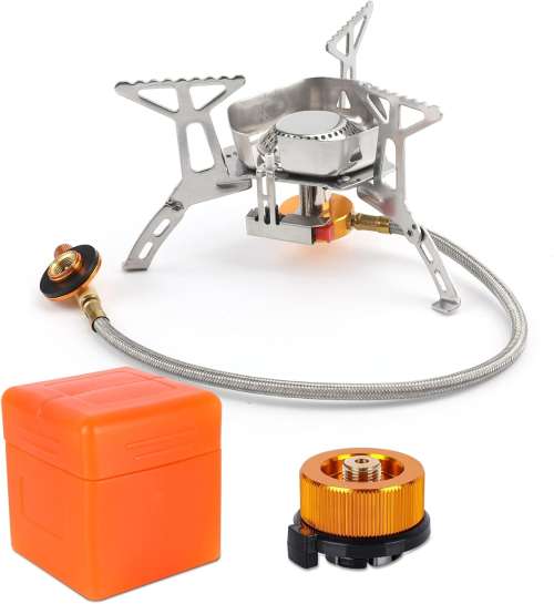 Camping Gas Stove, Portable Windproof Backpacking Burner Cooking Stoves 3500W for BBQ Outdoor Cooking Hiking Fishing Picnic with Piezo Ignition Adapters Converter
