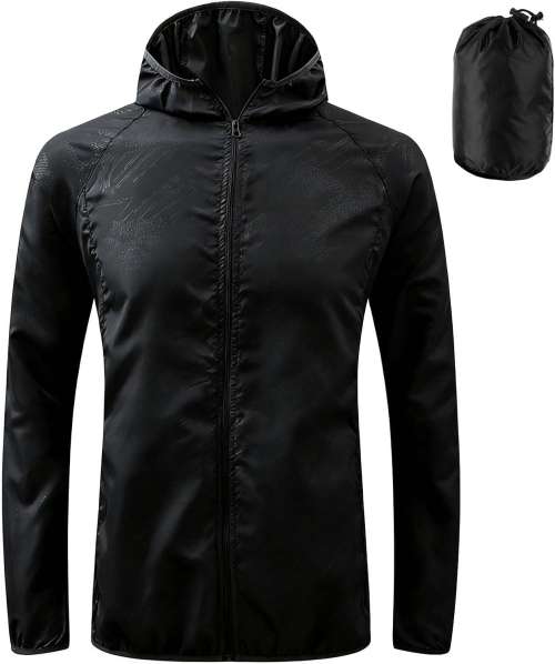 Men's Lightweight Waterproof Jacket with Pockets, Packable Hooded Windproof Rain Jacket for Travel, Running & Hiking – Includes Carry Pouch