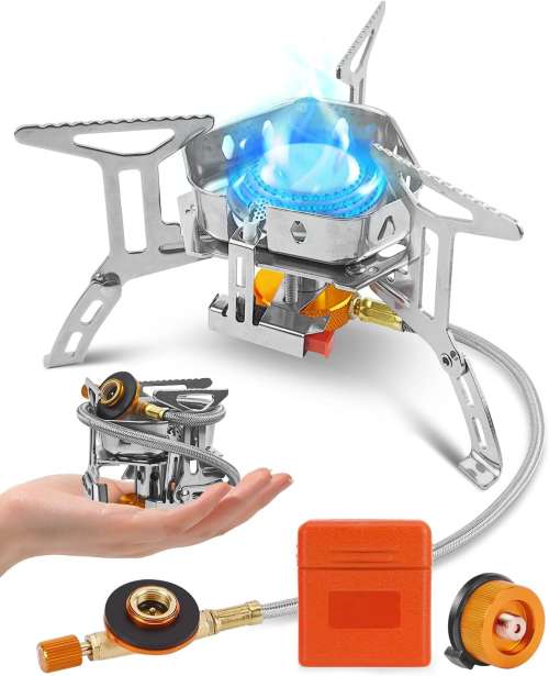Portable Camping Gas Stove Burner, Windproof 3500W Camping Stove with Piezo Ignition, Complete with Adapters and Converters for BBQs, Cooking, Fishing, Hiking, and Picnics