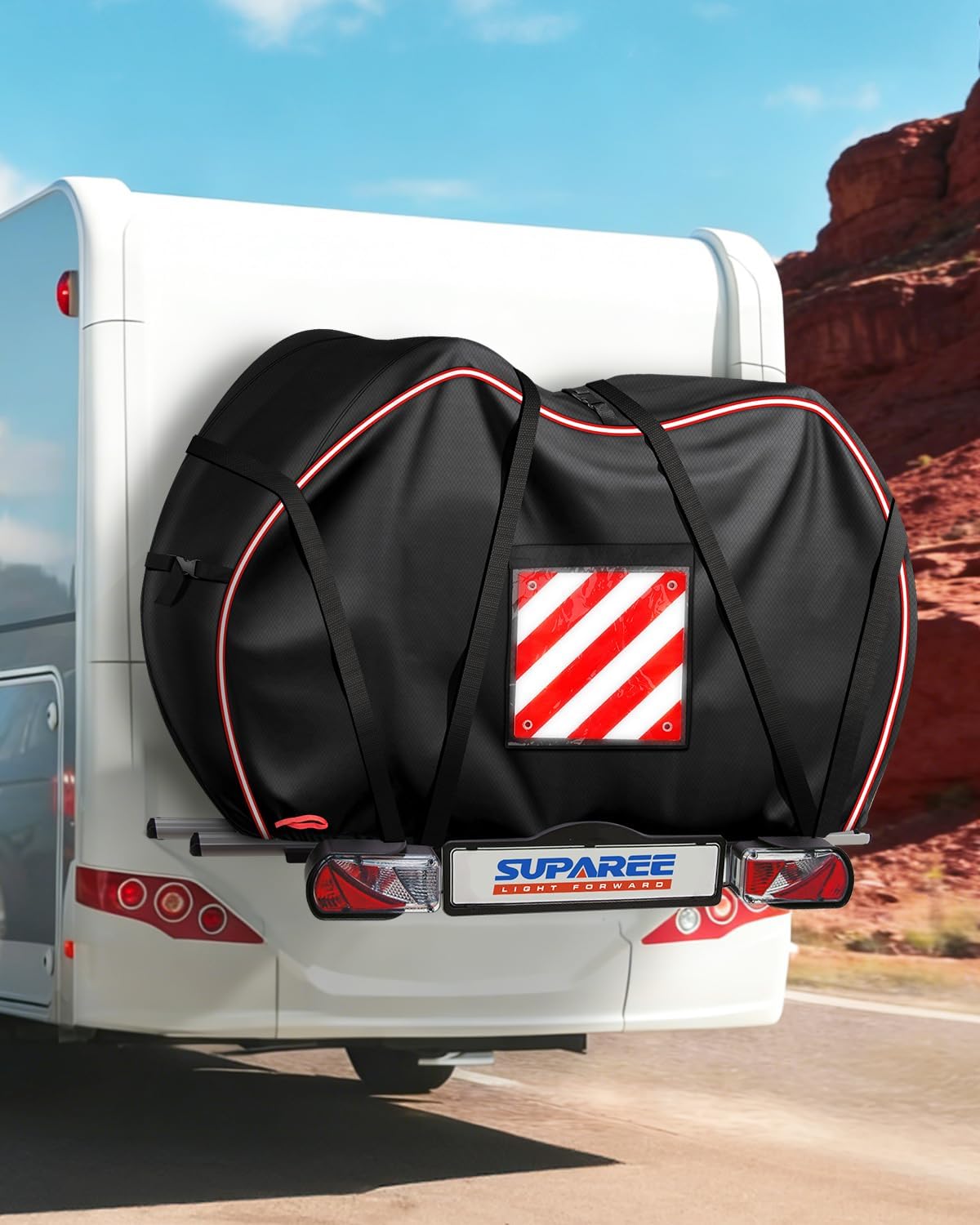 SUPAREE Bike Cover Waterproof 2 Bikes Bicycle Covers for Outside Storage Bike Cover Transport 420D Oxford with Warning Sign Pocket Rainproof Tear-resistant for Motorhome Hitch-mounted Racks