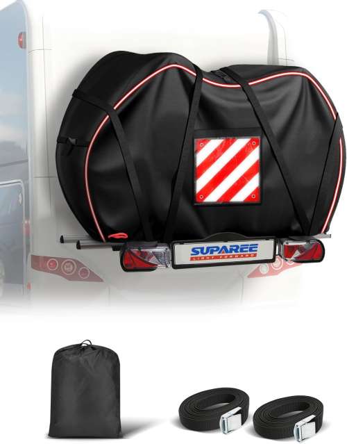 SUPAREE Motorhome Bike Covers for 3 Bikes Bicycle Cover Waterproof Outdoor Bike Cover Transport 420D Oxford with Warning Sign Pocket Rainproof Tear-resistant for Hitch-mounted Racks