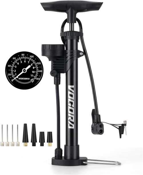 VOGORA Bike Pump with Top-Mounted Gauge (ProView), Bicycle Pump with Presta & Schrader Valves for all Bikes, Stable Foldable Floor Pump, Fast Inflation for Road & MTB Bikes, 2-Year Warranty