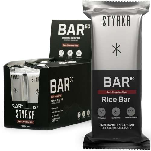 Styrkr BAR50 Energy Bars - Pack of 12 Rice Bars for Cycling & Running - Dark Chocolate Chip Flavour - Approved by Endurance Athletes - 50g of Carbs via Advanced Dual-Carb Formulation - 12x Pack