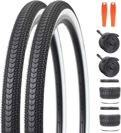 26 x 1.75 Inch Bike Tyre - Black Urban Commuter Tyre with White Sidewall - Includes Inner Tube & Tyre Levers - Durable Anti-Slip Rubber for Hybrid, City & Road Bikes