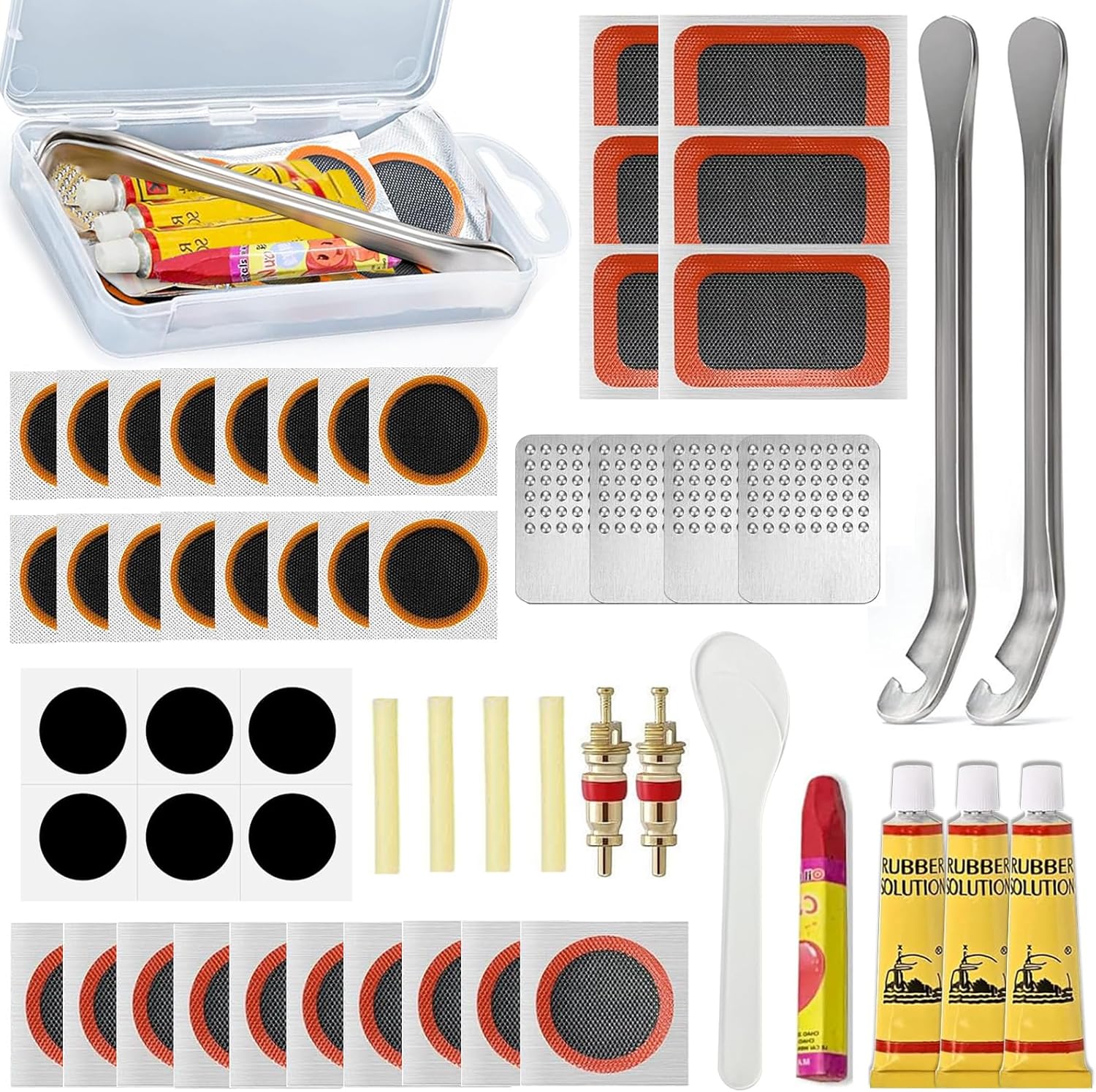 56-79 PCS Bike Tyre Puncture Repair Kit with Self-Adhesive Patches, Glue, Tyre Levers, Portable Storage Case for Road, Mountain, Commuter Bikes & Motorcycles