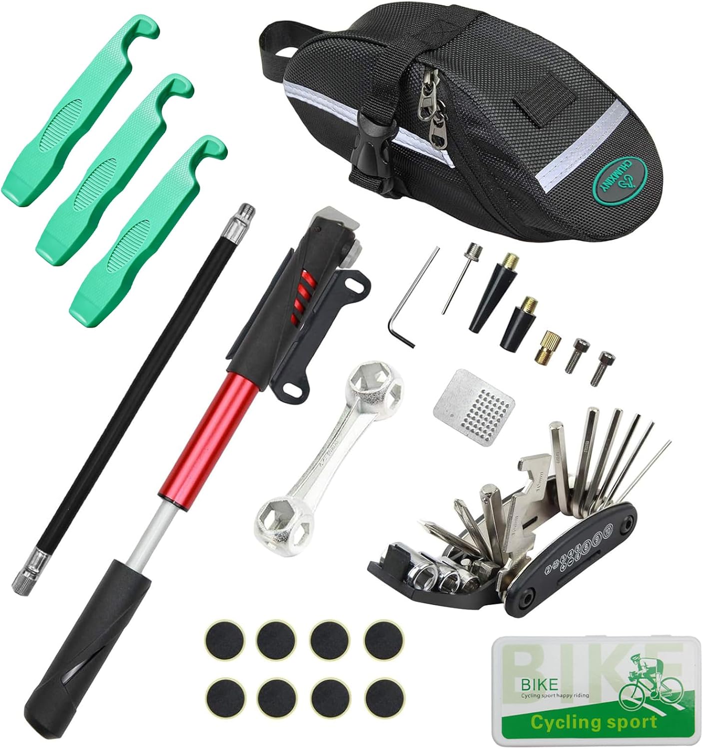 CHUMXINY Bike Repair Kit, 16-in-1 Bike Repair Tool, 120Psi Mini Bicycle Pump, Tire Patch Kit for Mountain and Road Bikes