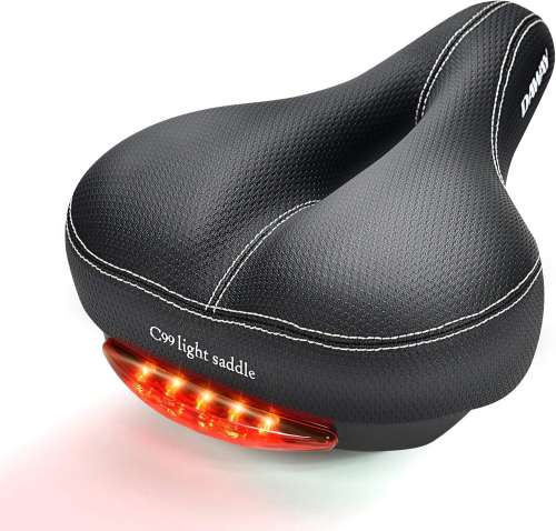 DAWAY Comfortable Men Women Bike Seat - Soft Memory Foam Padded Bicycle Seat with Taillight, Wide Bike Saddle Cushion Replacement for Peloton, MTB & Road Bikes, Shock Absorbing, Waterproof, Universal