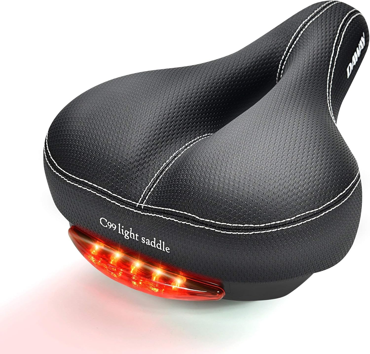 DAWAY Comfortable Men Women Bike Seat - Soft Memory Foam Padded Bicycle Seat with Taillight, Wide Bike Saddle Cushion Replacement for Peloton, MTB & Road Bikes, Shock Absorbing, Waterproof, Universal