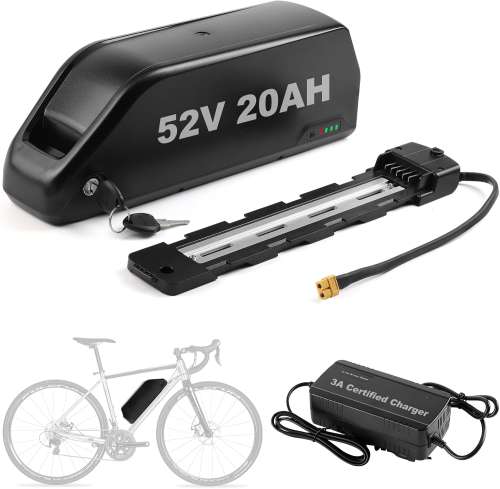 Ebike Battery 52V 20AH with 3A Charger, 5 Pin Base Plate for 250W 350W 500W 750W 1000W 1500W Motor, High Capacity Hailong Electric Bike Bicycle Downtube Lithium ion Battery