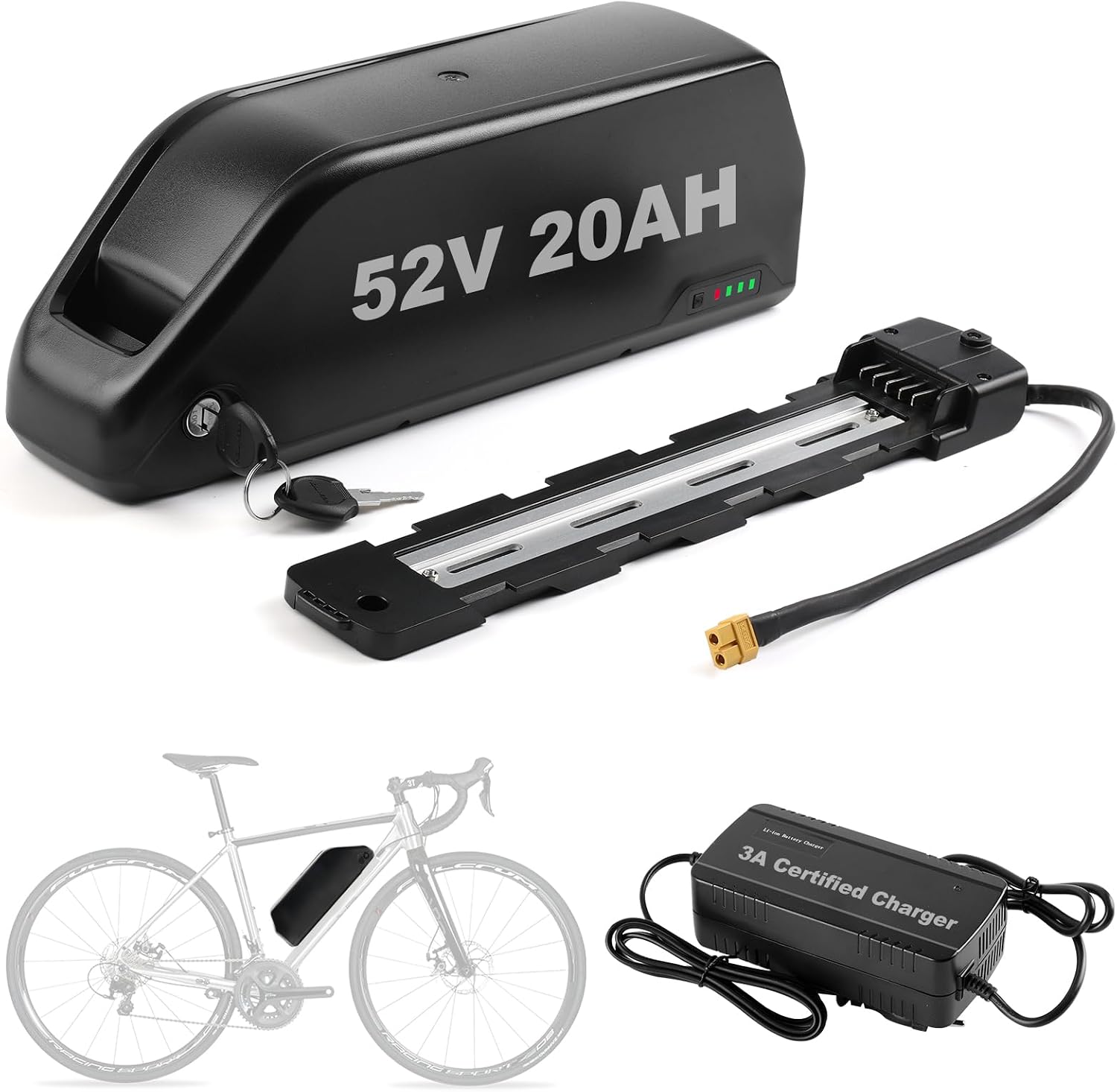 Ebike Battery 52V 20AH with 3A Charger, 5 Pin Base Plate for 250W 350W 500W 750W 1000W 1500W Motor, High Capacity Hailong Electric Bike Bicycle Downtube Lithium ion Battery