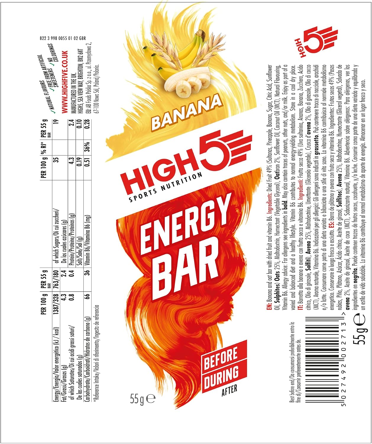 HIGH5 Energy Bars for Cycling, Real Fruits, Banana, 12 x 55g - Image 2