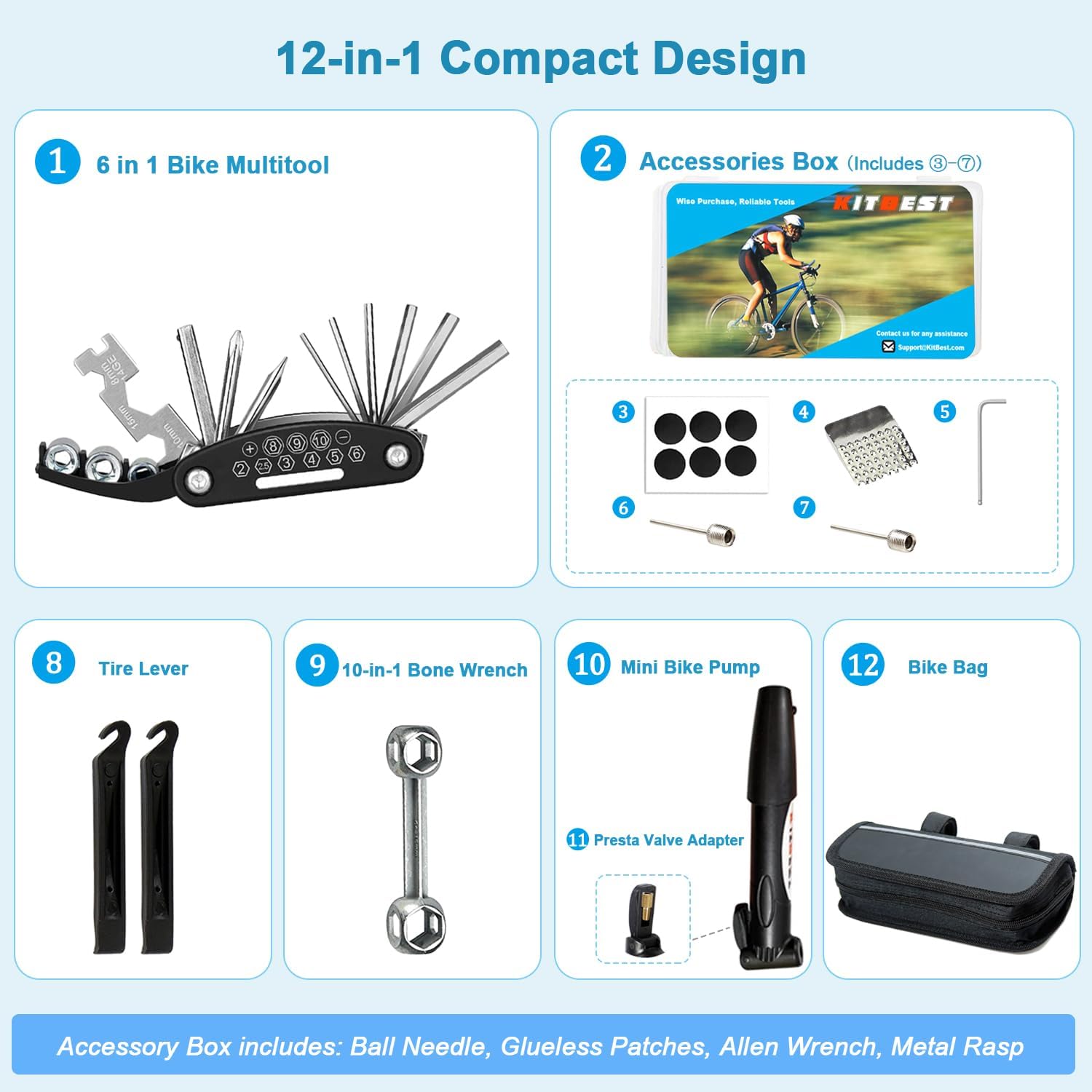 Kitbest Bike Puncture Tool Kit 6-in-1 Multi Tools - Image 2