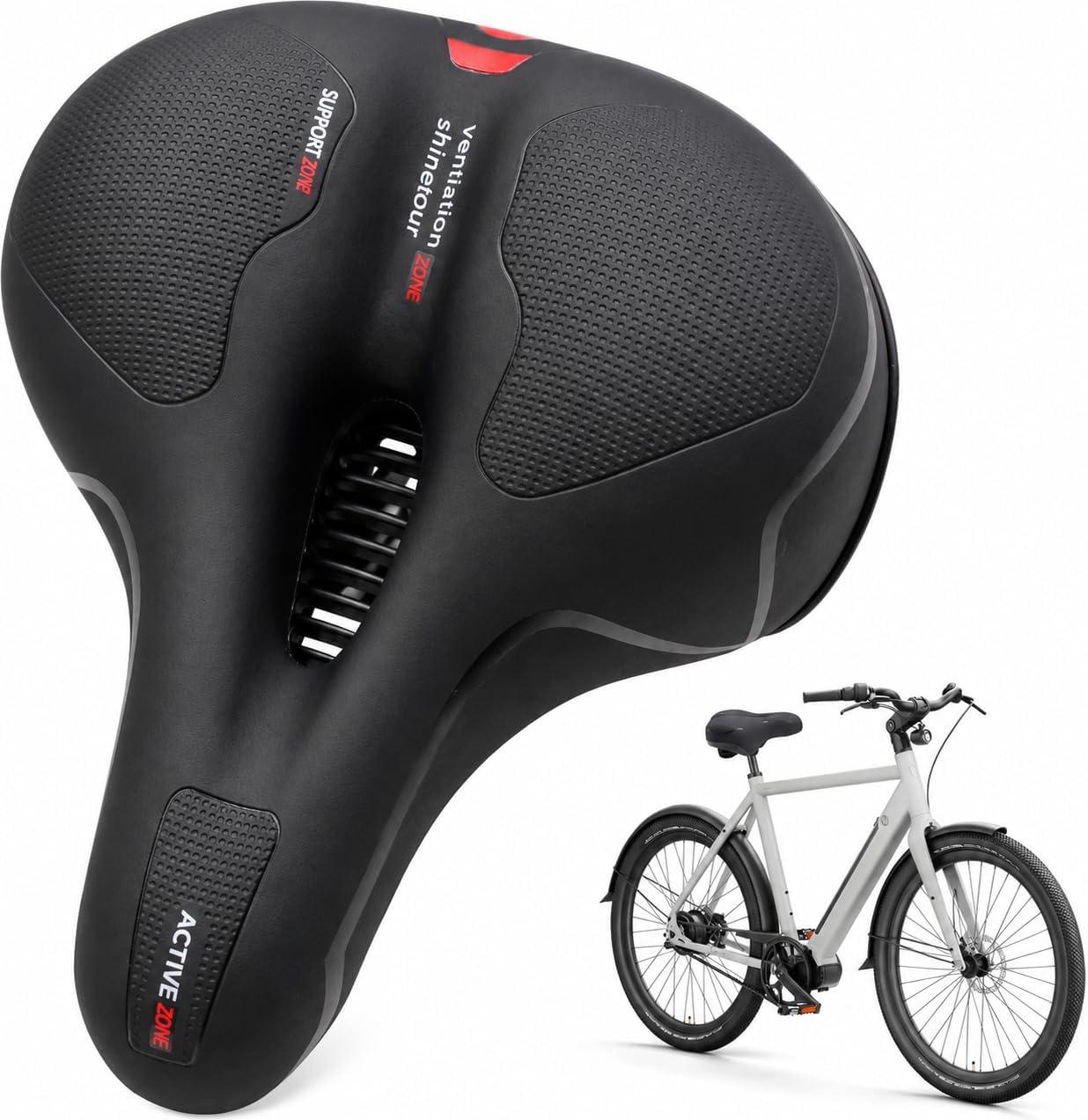 Mountain Bike Seat, Wide Comfortable Bicycle Saddle with Dual Shock Absorbing Balls, Honeycomb Anti Slip Leather, Ventilated Ergonomic Bike Seat Cushion for MTB and Road Bikes
