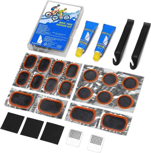 Puncture Repair Kit, Puncture Repair Kit Bike Tyre with 18PCS Patches, 2PCS Rubber Solution, Tyre Levers & Metal Rasp - Portable Case for Bike, Motorcycle & Inflatable Tubes