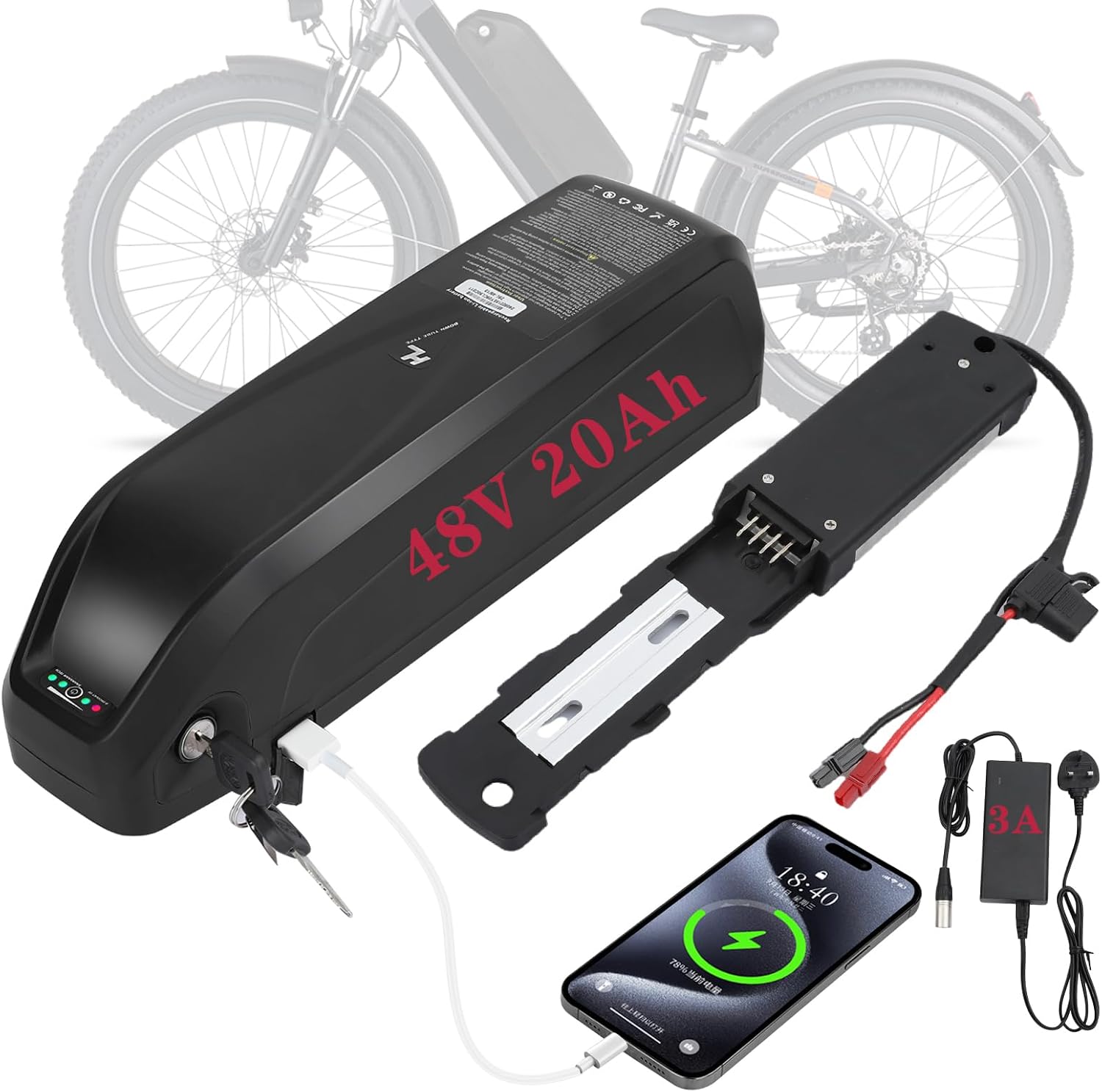 R TEAM Ebike Battery 48v 20AH with 3A Charger, USB Port,Built in Samsung 50GB Cells,Lithium Electric Bike Battery for Rear or Front 30A 17A Controller Motor (Bafang, AW, KT most ebike conversion kit)