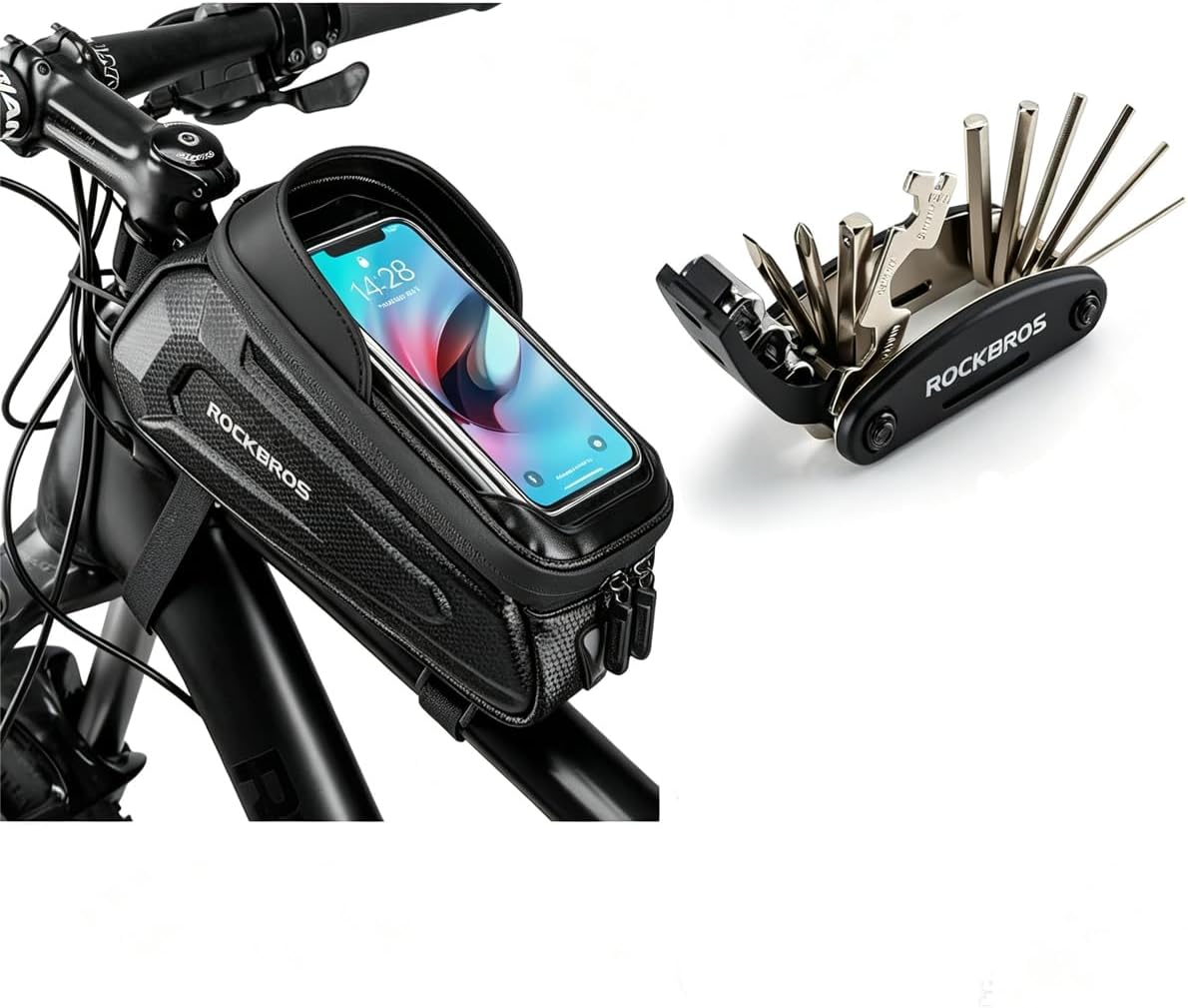 ROCKBROS Bike Ready Bundle – 16-in-1 Multi-Tool + Waterproof Hard Shell Top Tube Bag with Touchscreen Phone Case