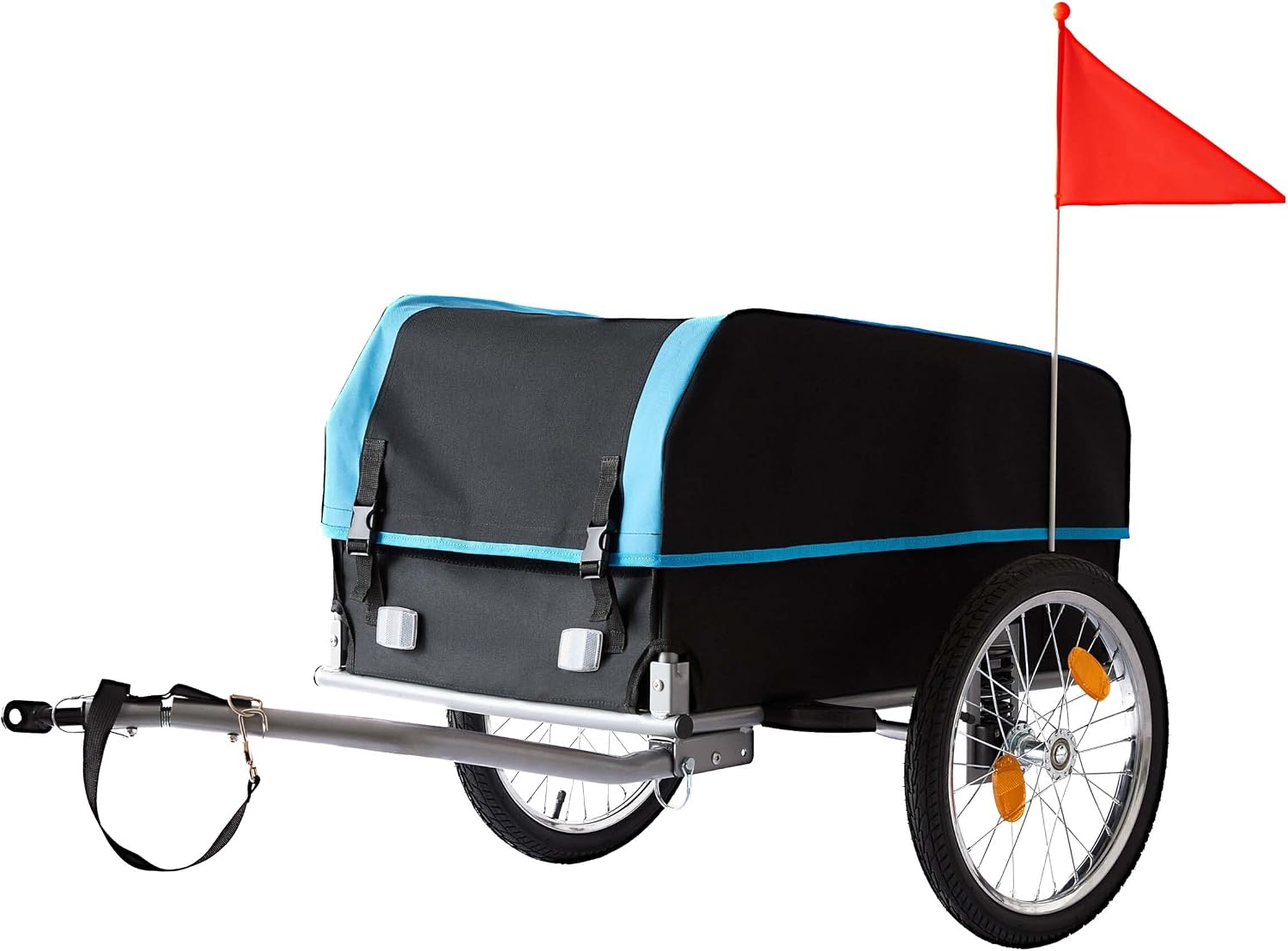 Relaxdays bike cargo trailer, foldable, 120L, rain cover, safety flag, LxWxH 59x124x69 cm, black-blue