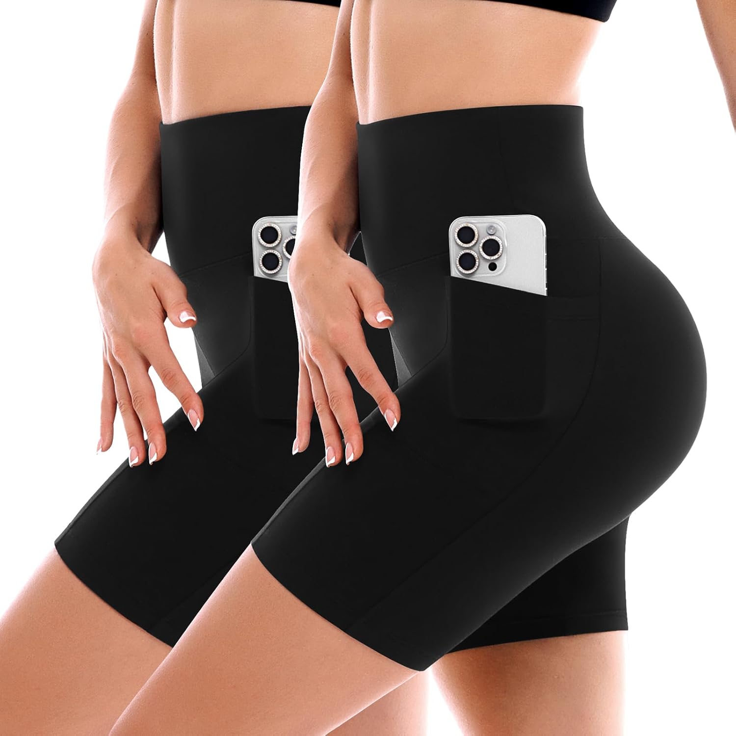 SINOPHANT 2 Pack Cycling Shorts Women with Pockets High Waist Biker Yoga Running Gym Workout Buttery Soft Athletic