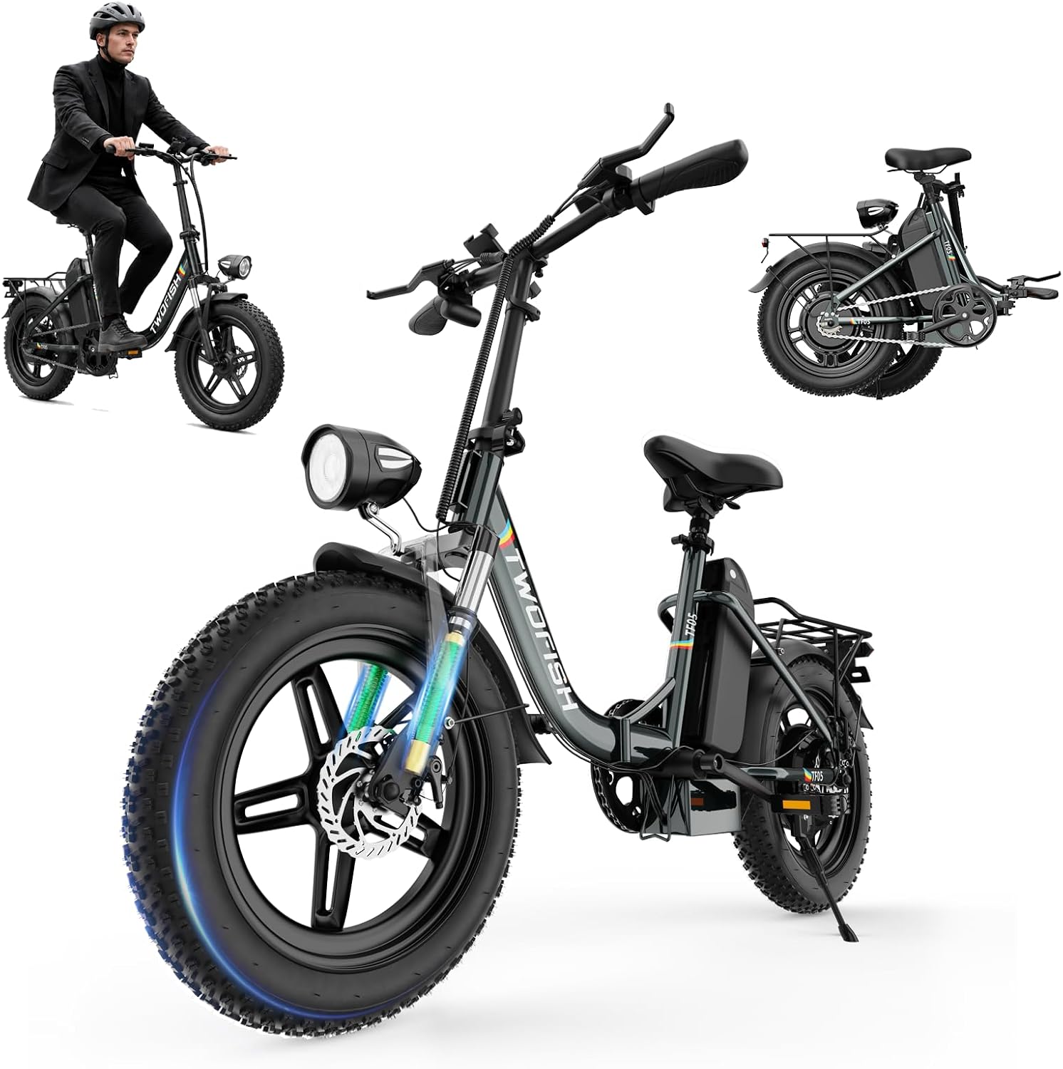 TWOFISH Folding Electric Bike for Adult, 16 * 4.0 Inch Fat Tire, 48v 13ah Removable Battery, 80-100km Long Range, Unlockable Speed Limit, 5 Speeds, Phone Holder, Height-Adjustable Handlebars and Seat
