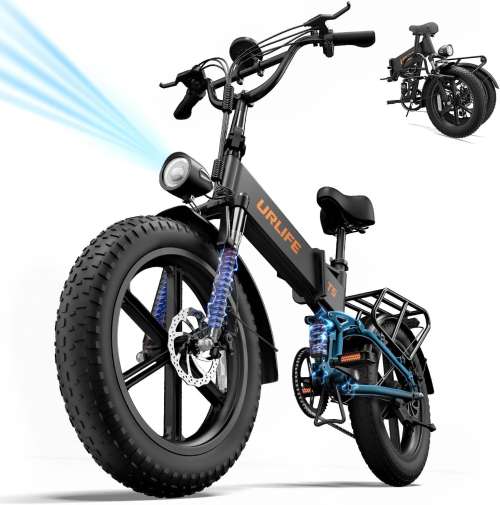 URLIFE Folding Electric Bike, 20 * 4.0 Inch Fat Tire E-Bike for Adult 48V 13AH Removable Battery, 80-100KM Long Range, Full Suspension for All Terrains, Electric Mountain Bike with LED
