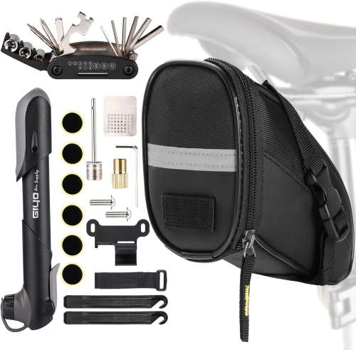 Waterproof Saddle Bag with Bike Repair Tool Kits – Bicycle Storage Bag，Multi Tool Puncture Repair Kits Includes Tyre Spoons, Glueless Tyre Pads and Bicycle Valve Adapter(Saddle Bag with Multi Tools)