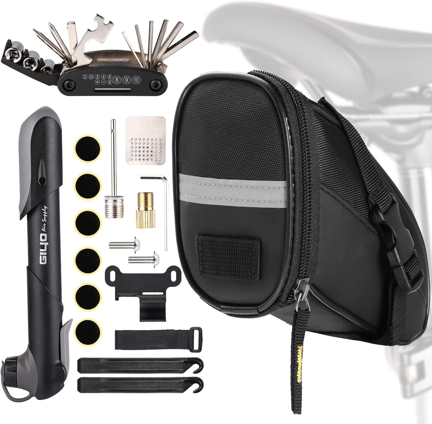 Waterproof Saddle Bag with Bike Repair Tool Kits – Bicycle Storage Bag,Multi Tool Puncture Repair Kits Includes Tyre Spoons, Glueless Tyre Pads and Bicycle Valve Adapter(Saddle Bag with Multi Tools)